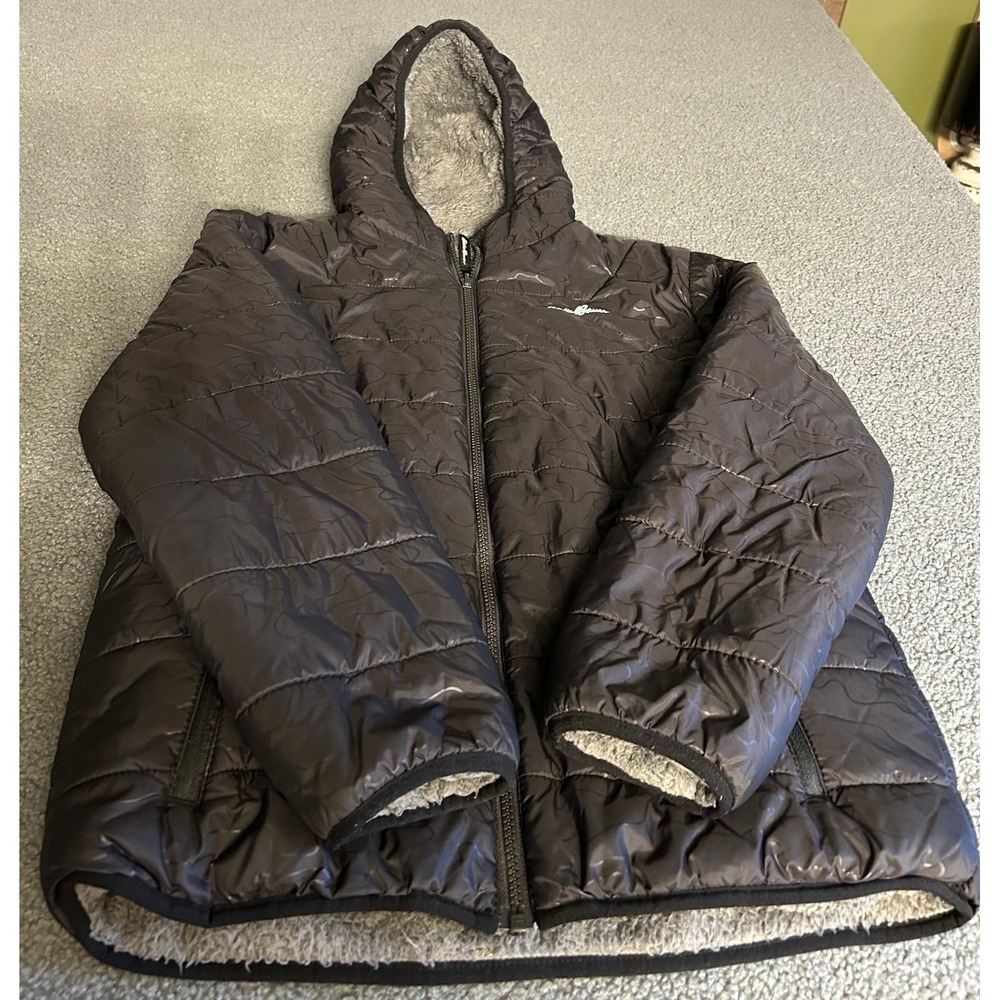 Eddie Bauer Reversible Jacket Kids L 14/16 Black Grey Quilted Fleece Hooded